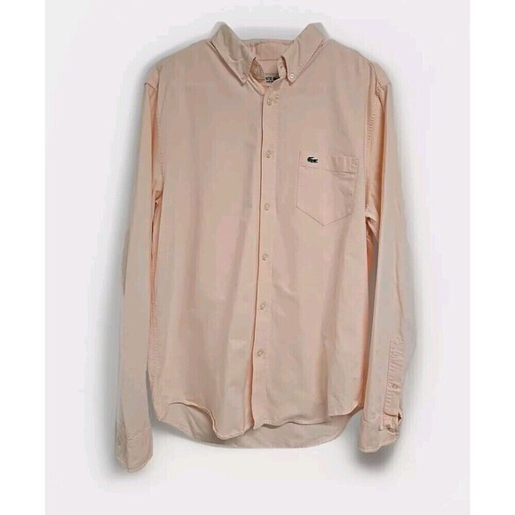 LACOSTE Oxford Cotton Button Down Long Sleeve Shirt Men’s Sz L Reg Fit Peach EUC - Picture 1 of 10